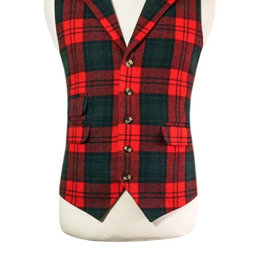 Mens 46R Red Green Tartan Plaid Wool Vest Waistcoat Formal Wedding Christmas